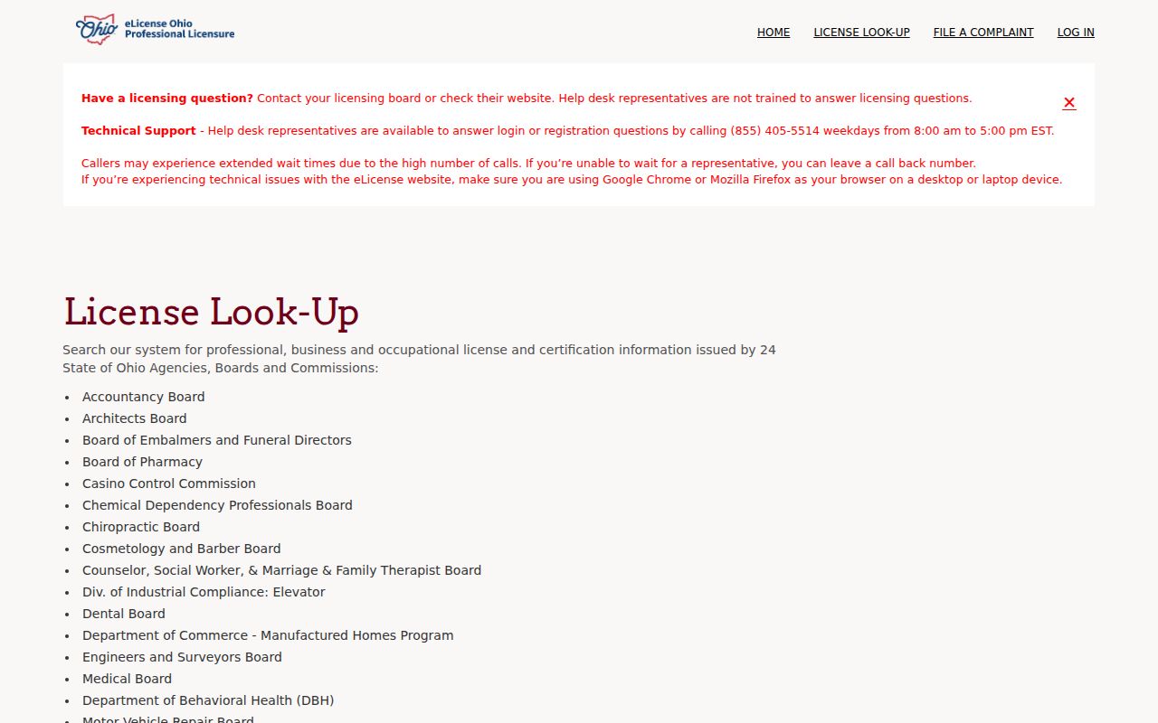 Canton resident lookup reference for the Ohio eLicense verification portal