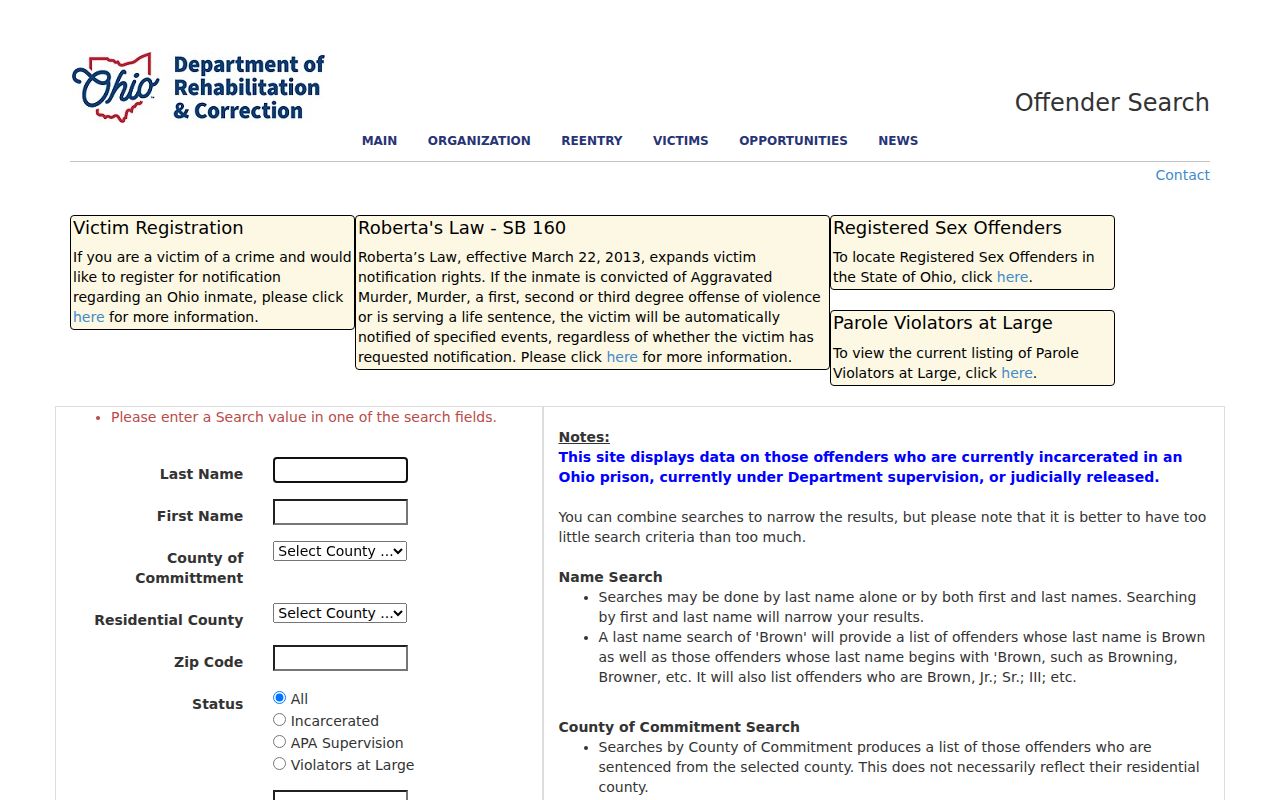 Canton resident lookup scope note for the Ohio DRC offender search