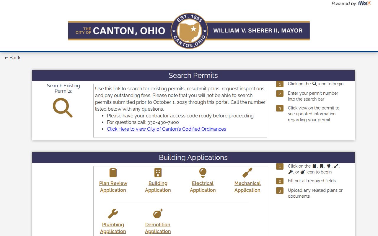 Canton street directory iWorQ permit and inspection portal